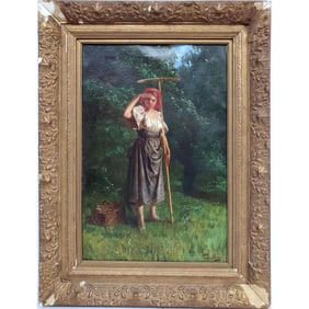 Antique Painting Oil on Canvas "Woman w/ a Rake"