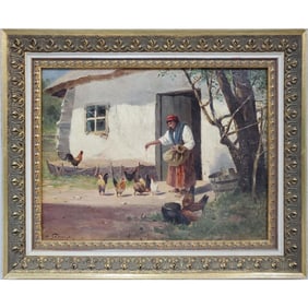 Antique Oil Painting "Woman Feeding The Chickens"