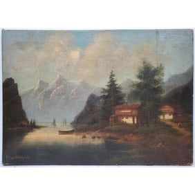 Antique Painting Oil on Canvas "Lakehouse"