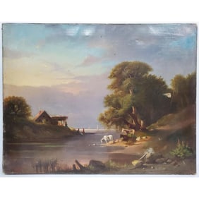 Antique Oil Painting Russian "Meadow With Cows"