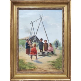 Antique Oil Painting "Children on Seesaw"