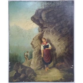 Antique Oil Painting "Woman Hiding on Mountain"