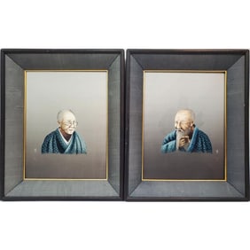 Pair of Signed Japanese Embroidered Silk Portraits