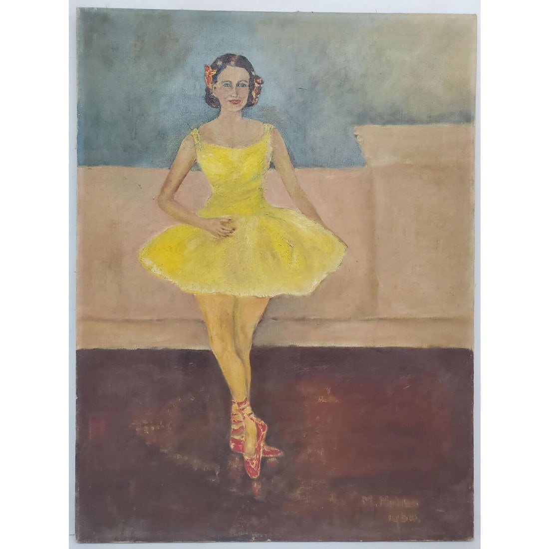 Signed Painting, Oil on Canvas "Ballerina": Signed Painting, Oil on Canvas "Ballerina". Signed "M. Mullen" & Dated 1934 Lower Right. Description on the Verso. Condition: Sold As Is. Dimensions: Sight: L-24" x W-18". Provenance: From a Long Isla