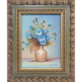 Signed Painting, Oil on Board "Blue Daisies"