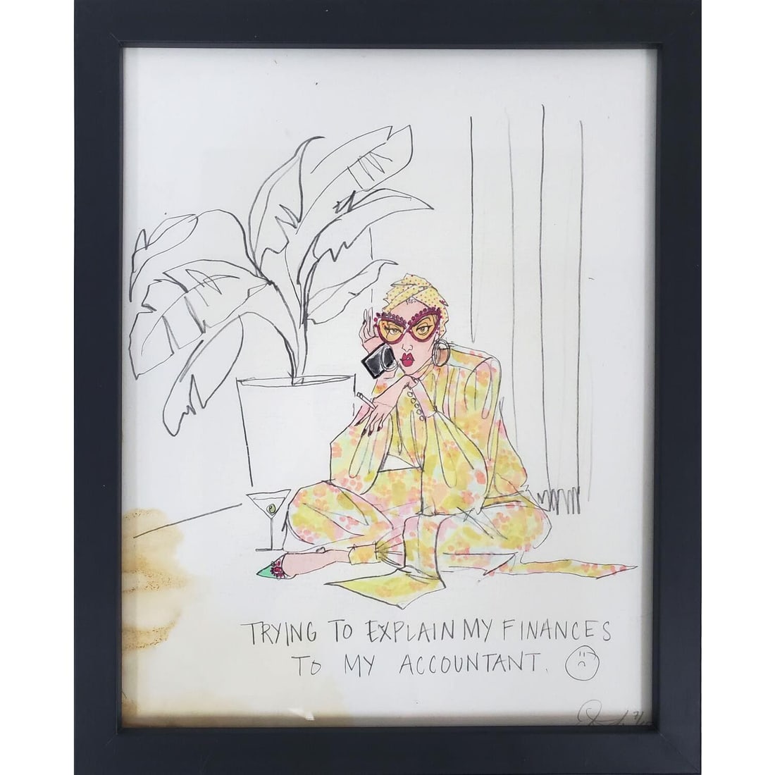 Drawing on Paper by Julie Houts: Drawing on Paper by Julie Houts "Trying To Explaining My Finances To My Accountant" Signed Lower Right In Frame Under Glass. Condition: Generally Good w/ Stain on Paper. Dimensions: Sight-H- 13" x W-1