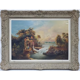19th C. Signed Folk Art Painting, Oil on Canvas