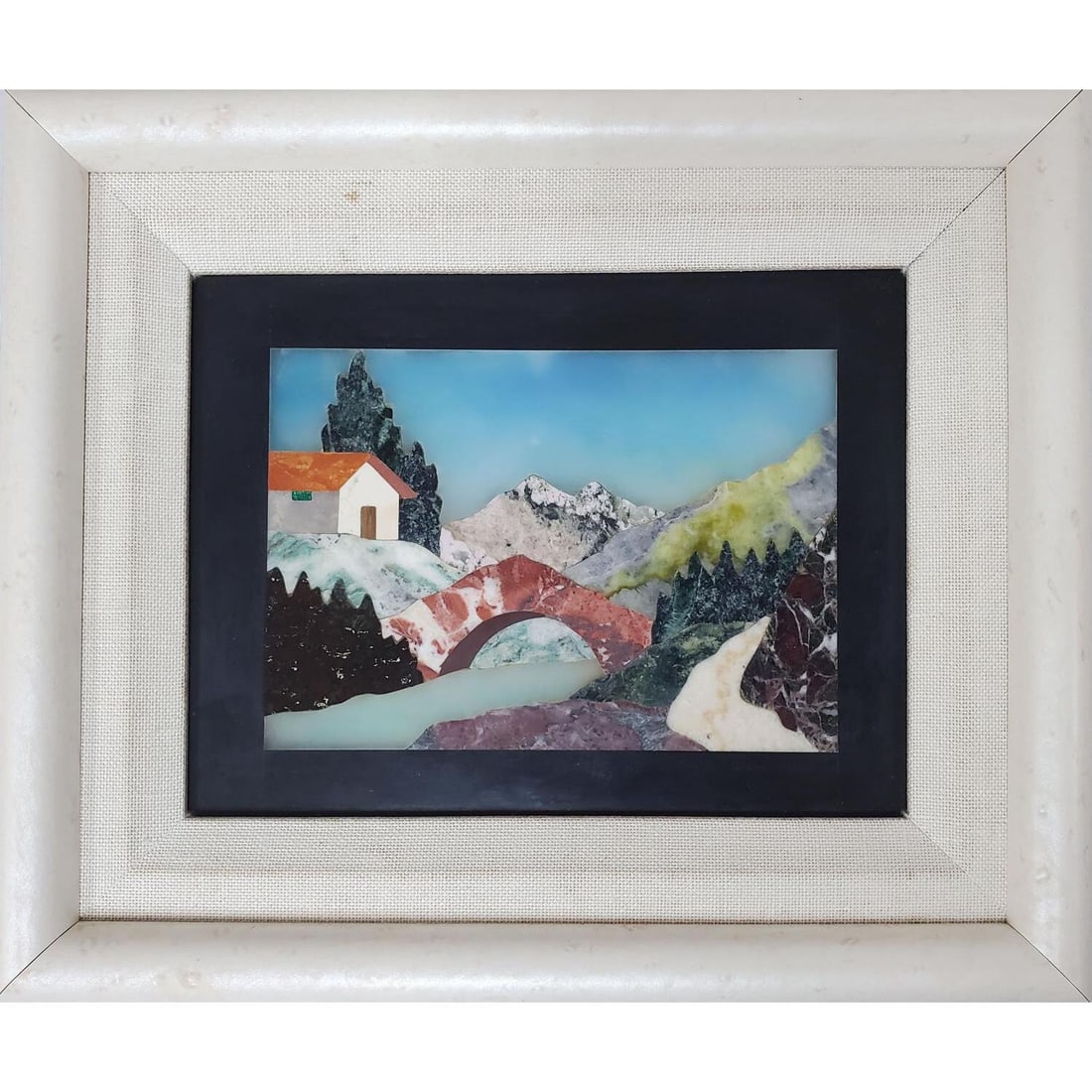 Vintage Italian Signed Buccioni Pieta Dura Plaque: Vintage Italian Pietra Dura Mosaic Plaque "Tuscan Countryside". Signed Buccioni on Lower Right. With Gallery Stamp on The Back. In Original Frame. Condition: Generally Very Good. Dimensions: Sight-6.2