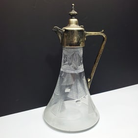 Vintage Cut Glass Pitcher w/ Metal Mount
