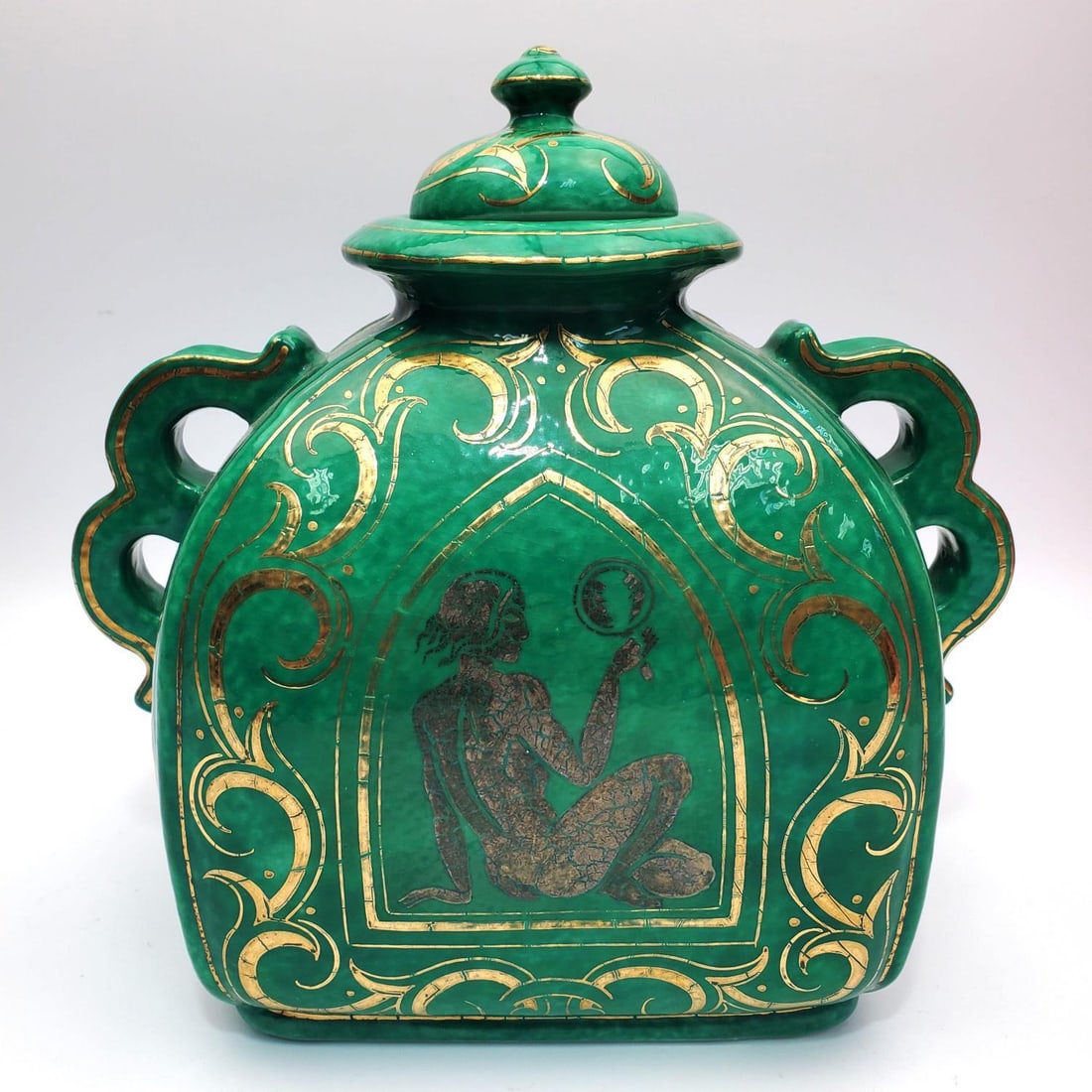 Antique Swedish Wilhelm Kage "Argenta" Jar: Antique Swedish Wilhelm Kage "Argenta" 2-Handled Covered Jar c.1928 for Gustavsberg. Fully Marked. Condition: Generally Very Good. Without Any Chips or Cracks. Dimensions: Total H-10" x L-9.5" (Handle