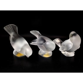 3 Vintage Lalique France Art Glass Sparrow Figures
