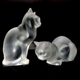 2 Vintage Lalique France Art Glass Cats