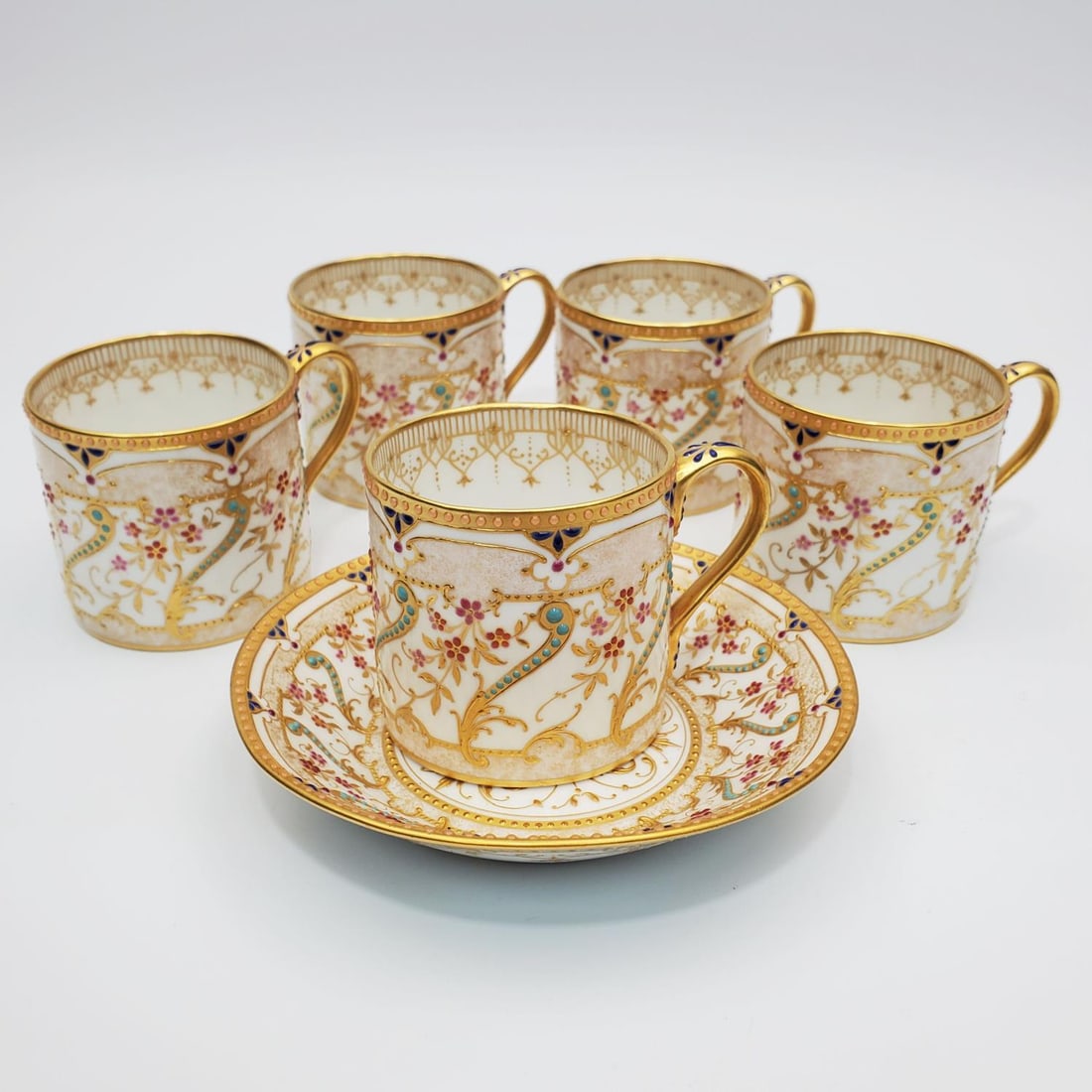 Antique Set of 5 KPM Porcelain Tea Cups & 1 Saucer: Fine Antique Set of 5 KPM Porcelain Tea Cups w/ 1 Saucer. All w/ Very Fine Art Nouveau Enamel & Raised Gilt Decorations.Condition: Generally Good, Dimensions: Sauce Dia-4.1". Provenance: From a Long I