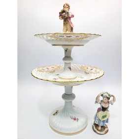 Antique Meissen Porcelain Dessert Stand & Figurine