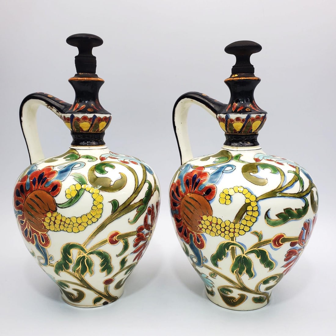 Antique Hungarian Fischer J. Budapest Wine Jugs: Pair of Old Hungarian Fischer, Budapest Wine Jugs. Condition: Generally Good.Dimensions: H- 10.75" x W- 6" Each. Provenance: From a Long Island, NY Home. Please note the absence of a Condition Report 