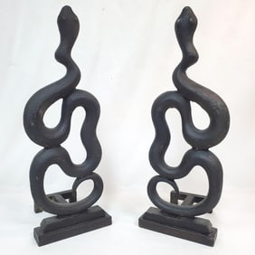 Pair of Snake Shaped Black Painted Iron Andirons