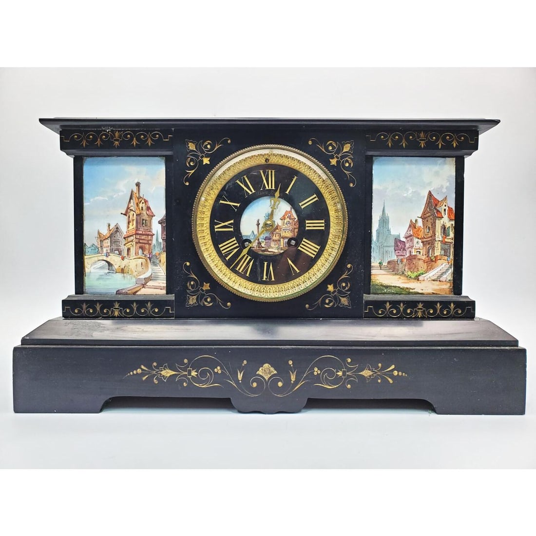 Unusual Antique Black Marble Mantel Clock (1 of 6)