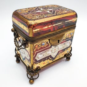 Antique Ruby Glass, Enamel, Gilt & Platinum Box