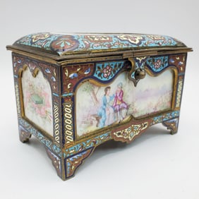 Antique French Champleve Box w/ Porcelain Plaques