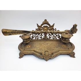 Antique Victorian Bronze Inkwell & Shoe Horn