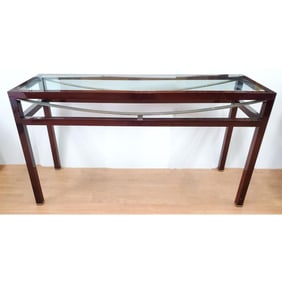Vintage Wood & Metal Console Table w/ Glass Top