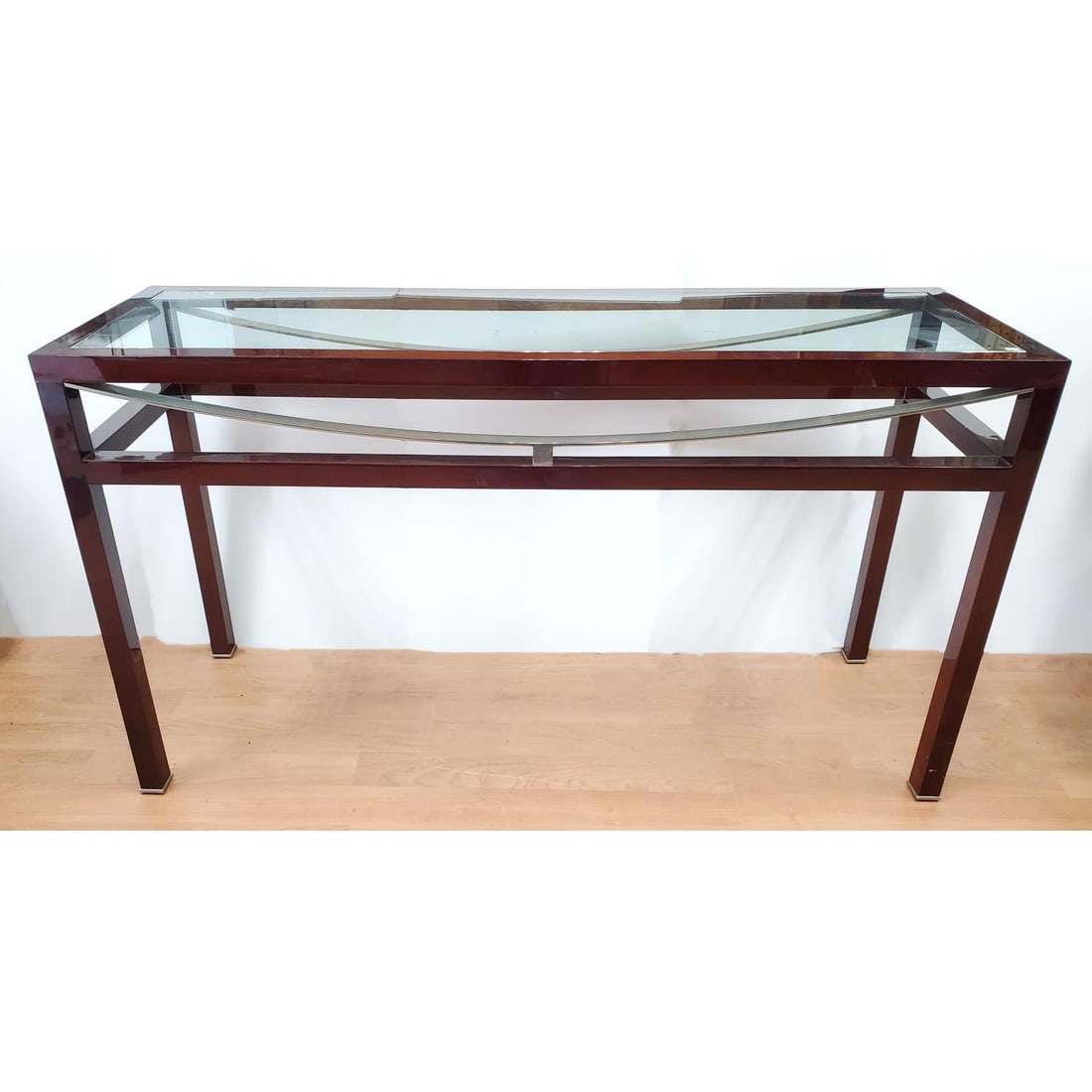 Vintage Wood & Metal Console Table w/ Glass Top: Vintage Wood & Metal Console Table w/ Glass Top.Condition: Generally Good, As Found. Dimensions: L-60" x W-18" x H-34". Provenance: From a Long Island, NY Home. Please note the absence of a Condition