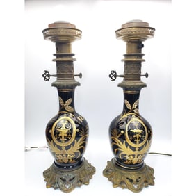 Pair of Antique Enameled Black Glass Lamps