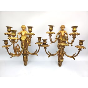 Fine Pair French Dore Bronze Cupid 5-Light Sconces