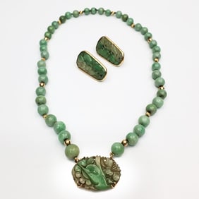Vintage Chinese 14K Gold & Jade Jewelry Set