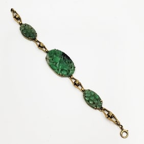 Vintage Chinese 14K Gold Carved Jade Bracelet