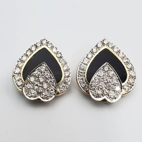 Pair of 14K Gold, Diamonds & Black Onyx Earrings