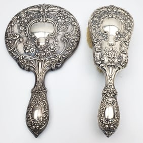 Antique Gorham Sterling Silver Brush & Mirror