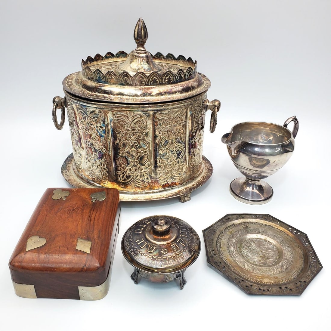 Lot of Silver & Silver Plated Items: Lot of Silver & Silver Plated Items Including a Judaica Item & Others.Condition: As Found w/ Tarnish.Dimensions: Largest-L-8.5" x W-6.75" x H-8". Weighable Silver: 71.9g/2.3ozt. Provenance: From a Lon