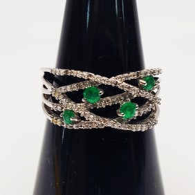 14K White Gold, Diamonds & Emeralds Ring