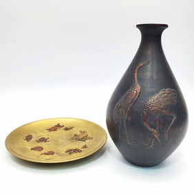 Lot of 2 Japanese Bronze Items Incl. a Meiji Vase