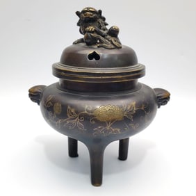 Antique Japanese Bronze Foo Dog Incense Burner