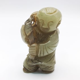 Chinese Green Jade Carving of a Little Boy