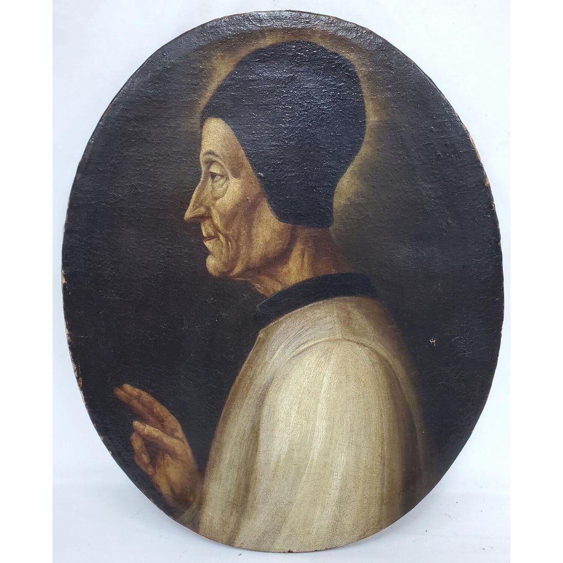 Attrib. to Gentile Bellini, Italian (1459-1507): Attributed to Gentile Bellini, Italian (1459-1507) Oval Painting Oil on Canvas "Portrait of Lorenzo Givstiniani". Unframed. Condition: Generally Good. It Was Relined Probably Over 100 Years Ago. There