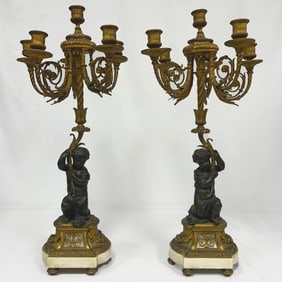 Antique Pair 19thc French Dore Bronze Candelabras
