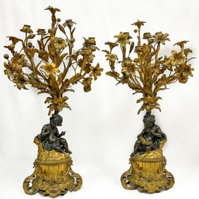 Large Pair Antique French Dore Bronze Candleabras