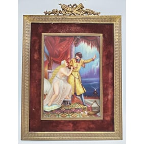 Antique German Porcelain Plaque in Bronze Frame