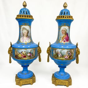 Antique Pair of Sevres Style Covered Blue Vases