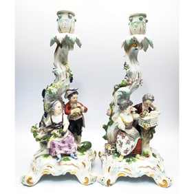 Antique Pair 19th c Meissen Porcelain Candlesticks