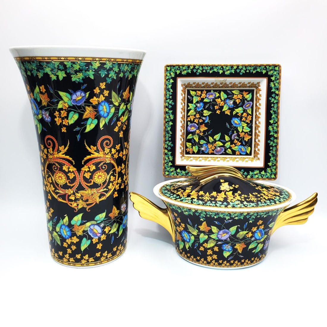 Lot 3 Versace Rosenthal Gold Ivy Porcelain Items: Lot of 3 Vintage "Versace" Rosenthal Gold Ivy Pattern Porcelain Items Including One Vase, One Tureen, & One Dish. Fully Marked.Condition: Excellent. Dimensions: Largest H-13.5". Provenance: From a Lon