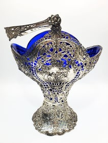 Antique German Silver Basket w/ Orig. Cobalt Liner