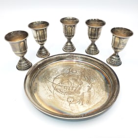 Judaica Set of Sterling Silver Kiddish Cups & Tray