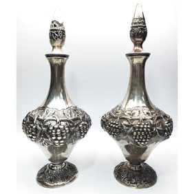 Pair Antique Portuguese Sterling Silver Decanters