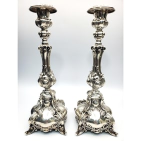 Judaica Pair Sterling Silver Ornate Candlesticks