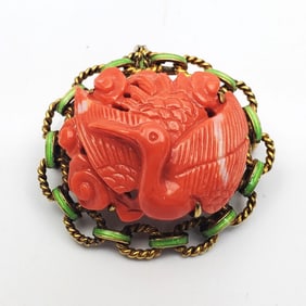 Chinese 14K Gold, Enamel & Carved Coral Pendant
