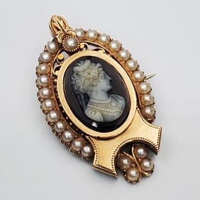 Antique 14k Gold Victorian Cameo Brooch w/ Pearls